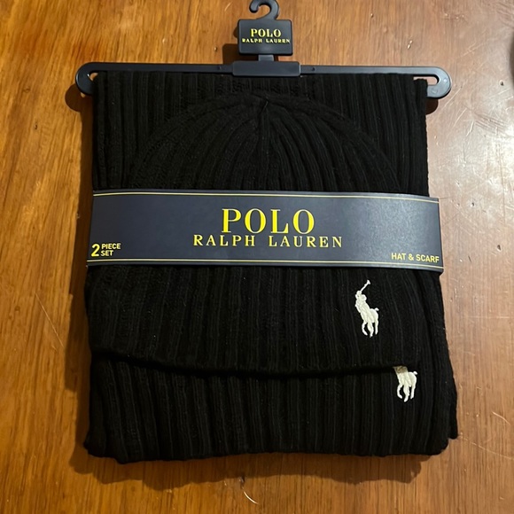 Polo Ralph Lauren Winter Beanie Hat and Scarf set black white Lambswool One Size - Picture 1 of 4